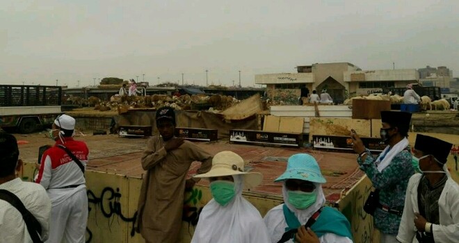 Sebagian JCH asal Jambi saat mendatangi tempat pemotongan hewan untuk pembayaran Dam.